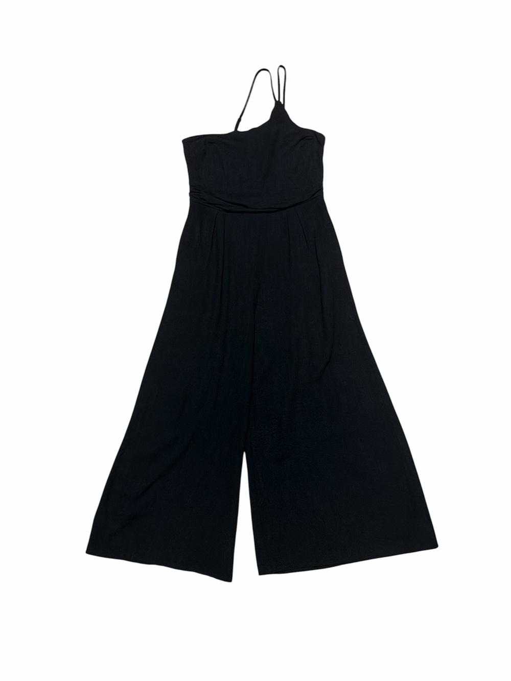 Anrabess Jumpsuit Women L Black Linen Wide Leg Capri Strappy One Shoulder Romper